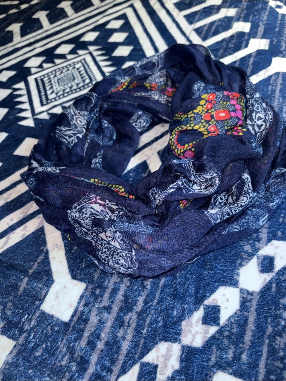 Women's Navy Sugar Skull Accent Infinity Scarf with Colorful Details